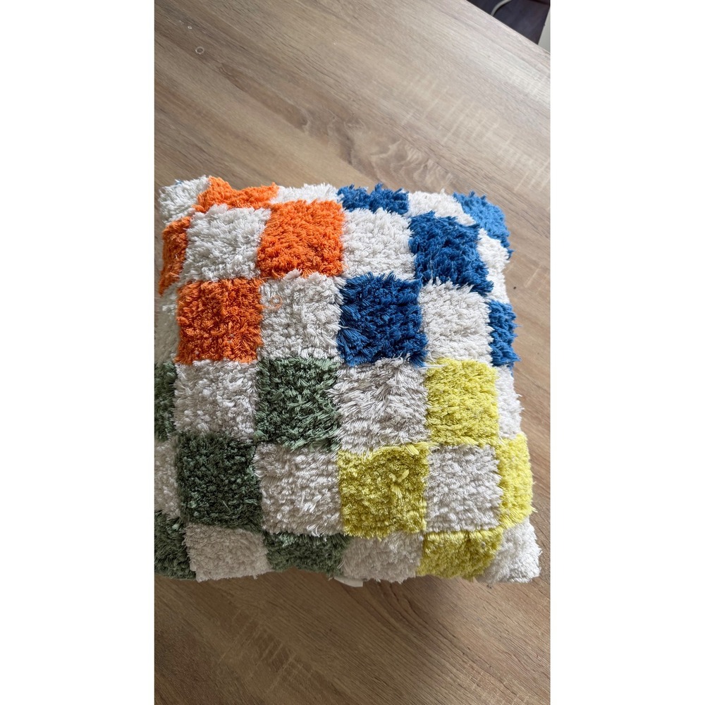 Multi Color Shag Checkered Throw Pillow 12x12 Square Tufted Decorative Cushion